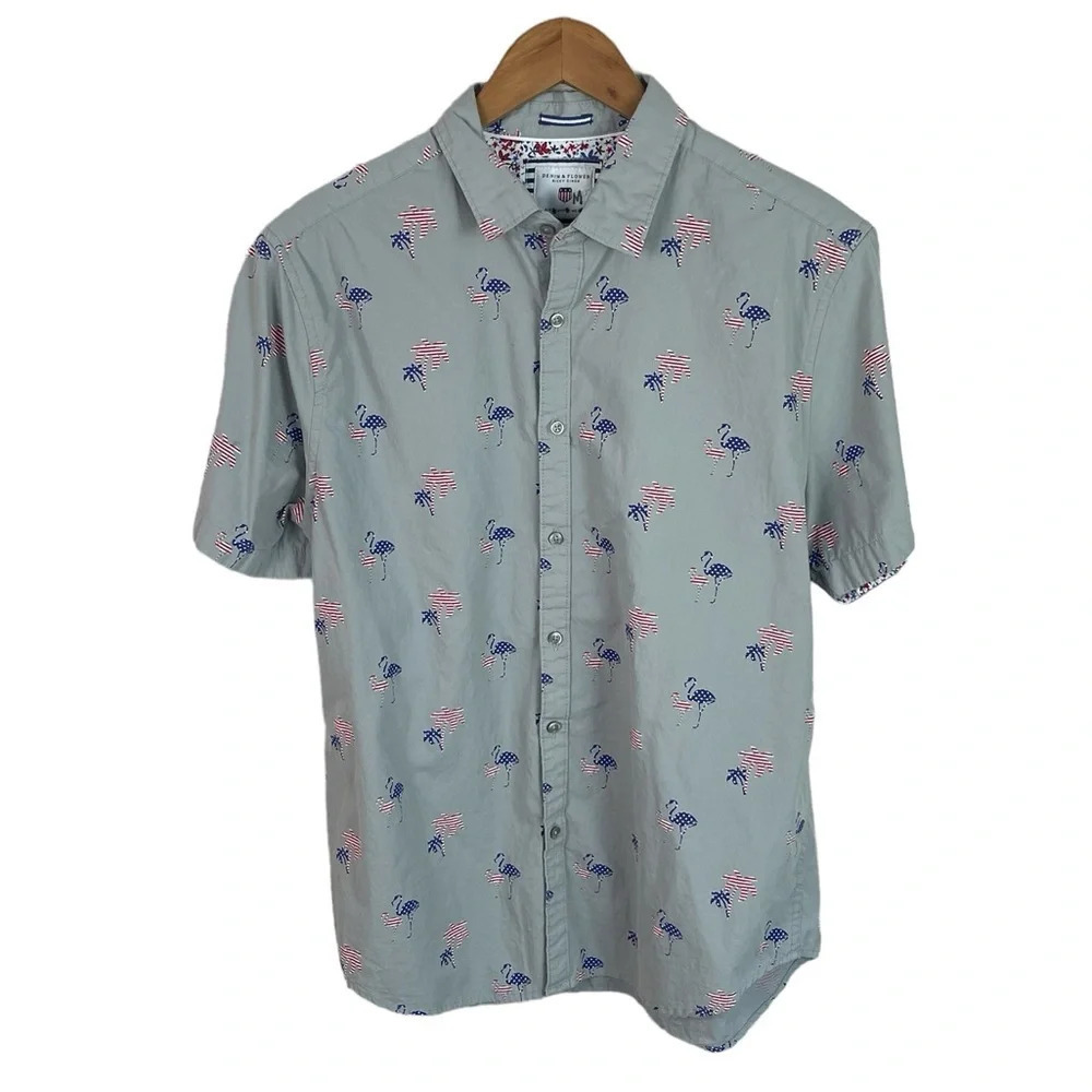 BF59 Men’s Denim & Flower Ricky Singh USA Flag Tropical Beach Button Shirt L
